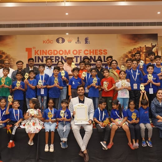 Students of Kingdom of Chess holding their trophies at the prize ceremony of the 1st Kingdom of Chess International in Udaipur, 2024