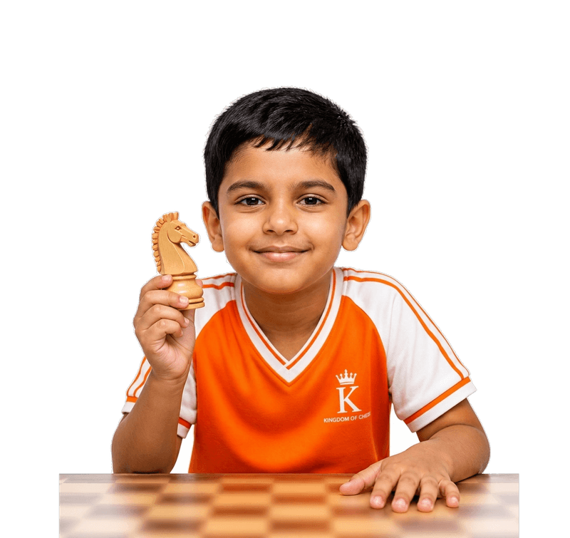 A young Kingdom of Chess student holding up a wooden knight, a chess board in front of him