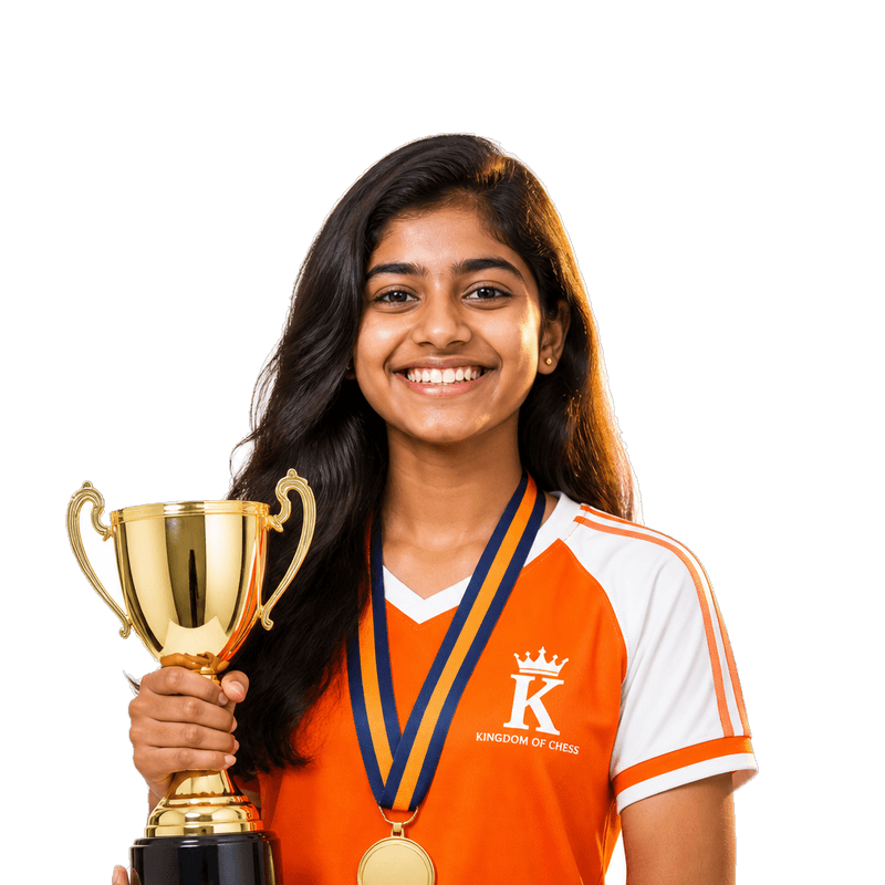 A Kingdom of Chess student holding a gold winner’s trophy, a medal around her neck