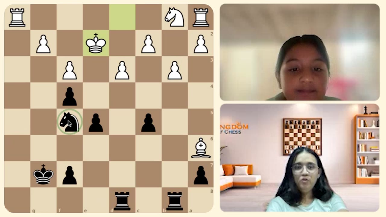 A live Kingdom of Chess class: the coach’s board on the left, the coach and student on camera
