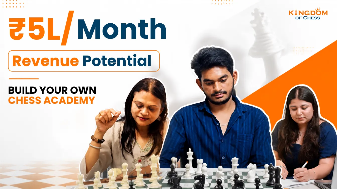 Film poster reading "₹5L/Month Revenue Potential — Build your own chess academy", over three adults at a chess board