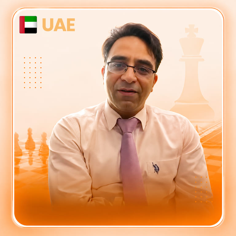 Jatin Sachdeva, a Kingdom of Chess parent in the UAE, from their video testimonial