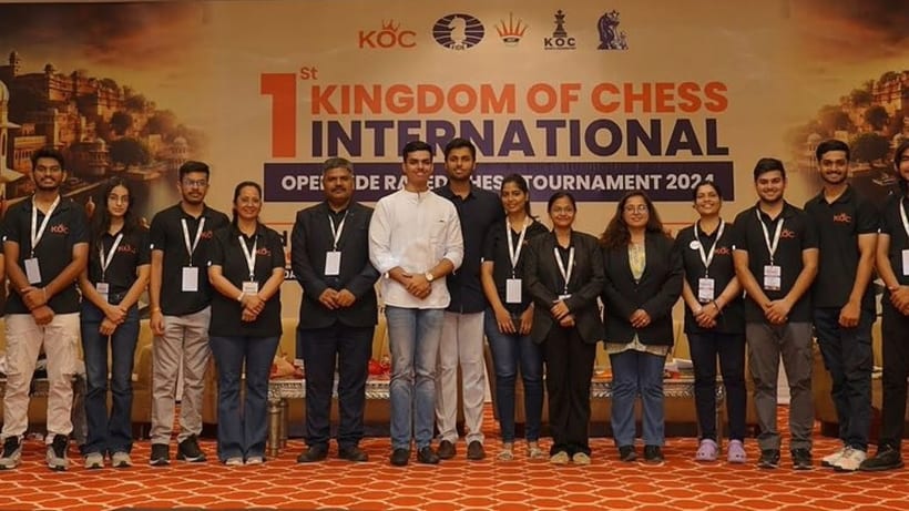 The Kingdom of Chess team on stage at the 1st Kingdom of Chess International, an open FIDE-rated tournament held in 2024