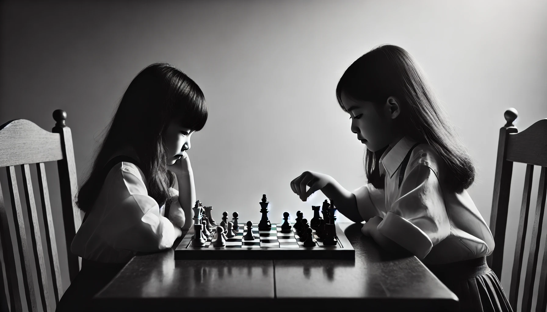 Two-young-girls-playing-chess-sitting-across-a-chessboard-deeply-focused-on-their-moves