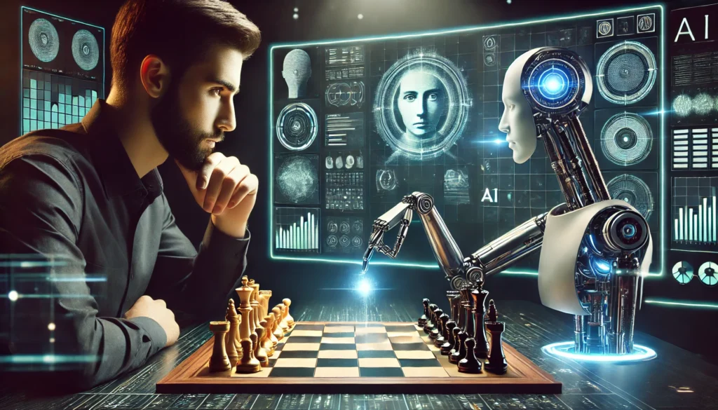 - A futuristic chess match between a human grandmaster and a computer AI