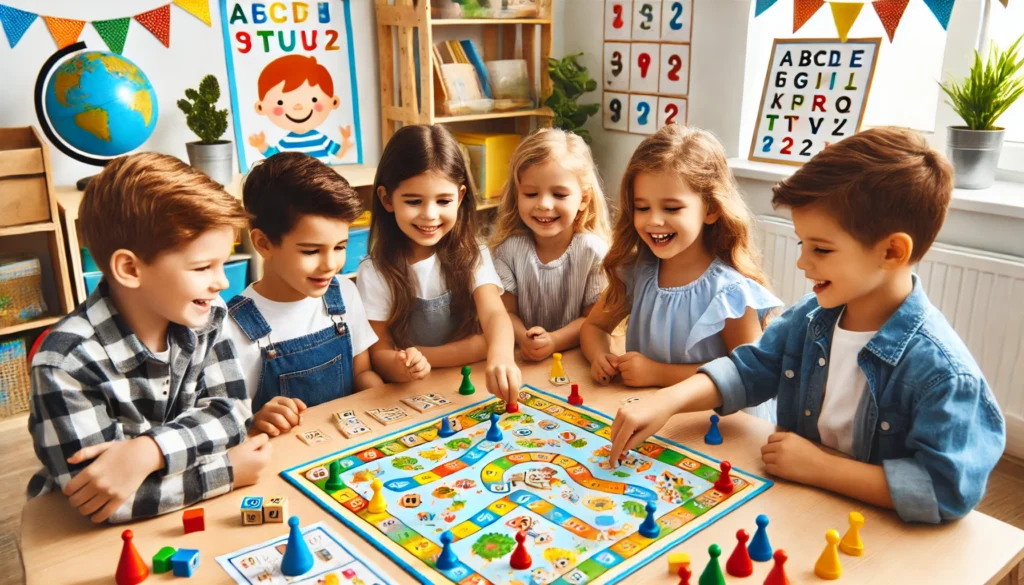 A-group-of-young-children-playing-an-educational-board-game-together-in-a-bright-and-cheerful-classroom.-The-kids-are-engaged-smiling-and-interacting