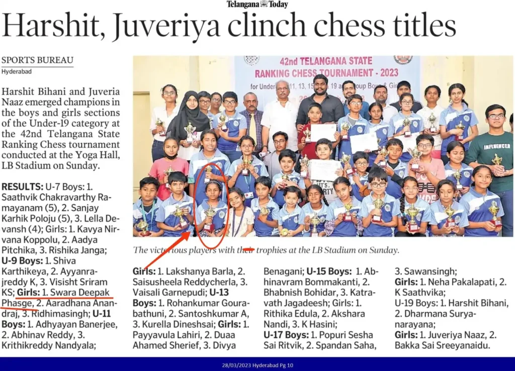 Telangana U-9 State Champion Swara Deepak Phasge-